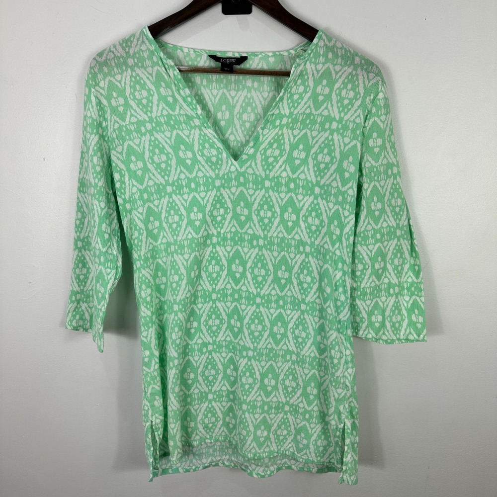 J.Crew Tunic Top Womens XS Green White Ikat Boho Coastal Resort Preppy Beachwear